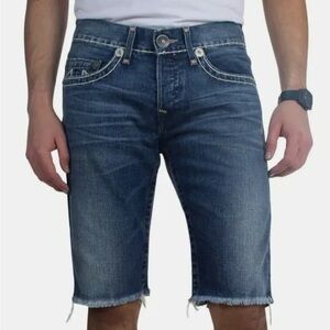 True Religion DEAN Tapered Jeans Shorts Sz 38 Distressed Fray Bottom